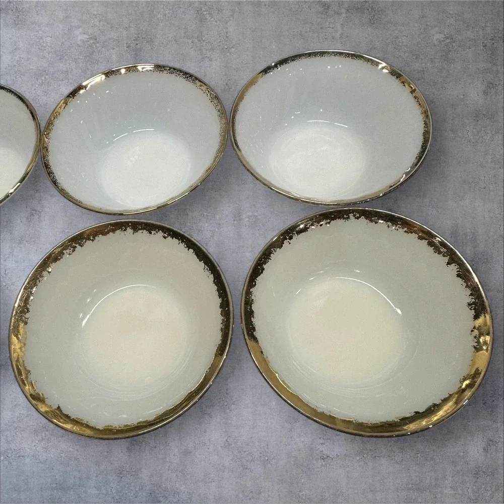Six Fire King‎ White Milk Glass Swirl Dessert Bowls Gold Trim Made In USA